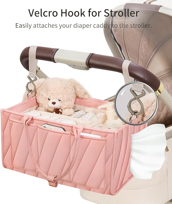 Diaper Caddy Organizer for Baby Essentials – Soft Blush Pink Storage Basket with Compartments, Shoulder Strap & Stroller Hooks – All-in-One Multifunctional Diaper Storage Tote for Nursery & Car