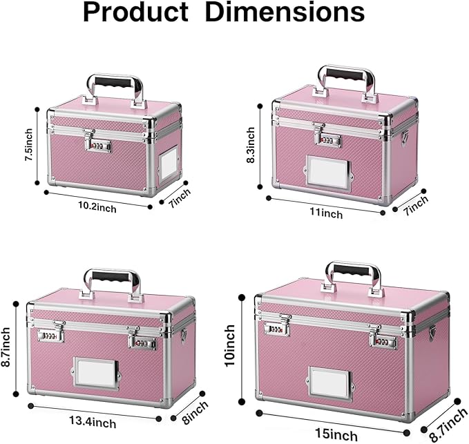 13.4 x 8 x 8.7 Inch Lockable Storage Box with Combination Lock, Portable Safe for Documents, Medicine, Cash & Valuables, Medicine Lock Box with Label Slot for Home, Office & Travel - Pink