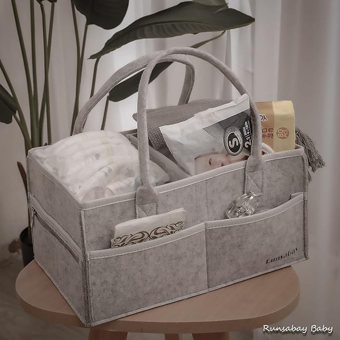Runsabay. Nursery Basket-Baby Diaper Caddy Organizer for Changing Table-Portable Holder Tote Bag-Car Organizer with Removable Divider-Best Shower Gift Basket for Newborns Registry- Grey & Large Size