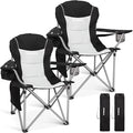 FUNDANGO Folding Camping Chair Heavy Duty, 2 Pack Oversized 440 Lbs Support Outdoor Camp Chairs with Lumbar Support & Cooler Pocket for Fishing Backyard Sports Beach Garden (Black/Grey)