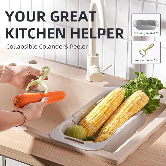 Extended Long Over the Sink Colander, Wash Vegetables Fruits Collapsible Colander Strainer, 14.5"-19.3" Extendable Kitchen Sink Accessories for Dishes Drying, Vegetable Basket, with Peeler
