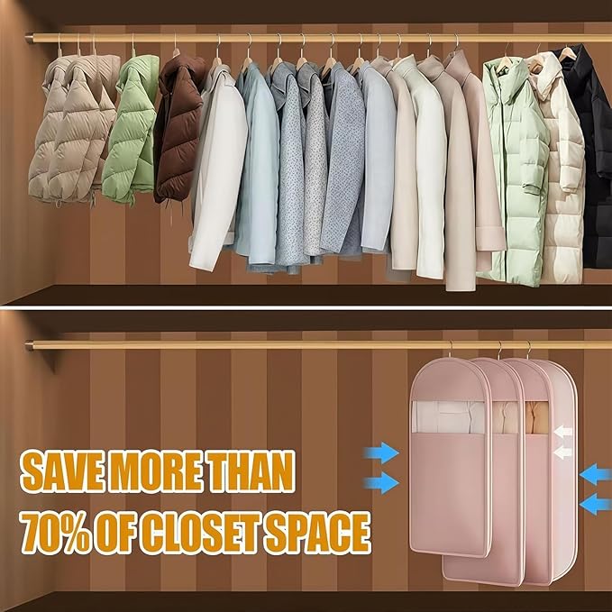 Space Saving Hanging Garment Bag With Self Compression Zipper,Garment Bags for Travel,Dust Cover for Coats Down Jackets, Closet Clothes Organizer with Clear Window (Beige, L*2Pcs)