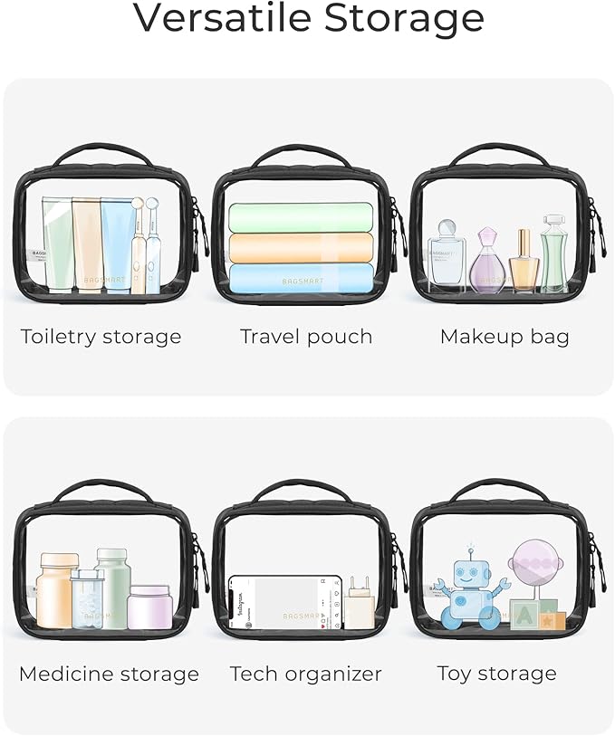 BAGSMART Clear TSA Approved Toiletry Bag, 2 Pack Travel Makeup Quart Size Cosmetic Bag with Handle for Women Men, Carry on Airport Airline Compliant