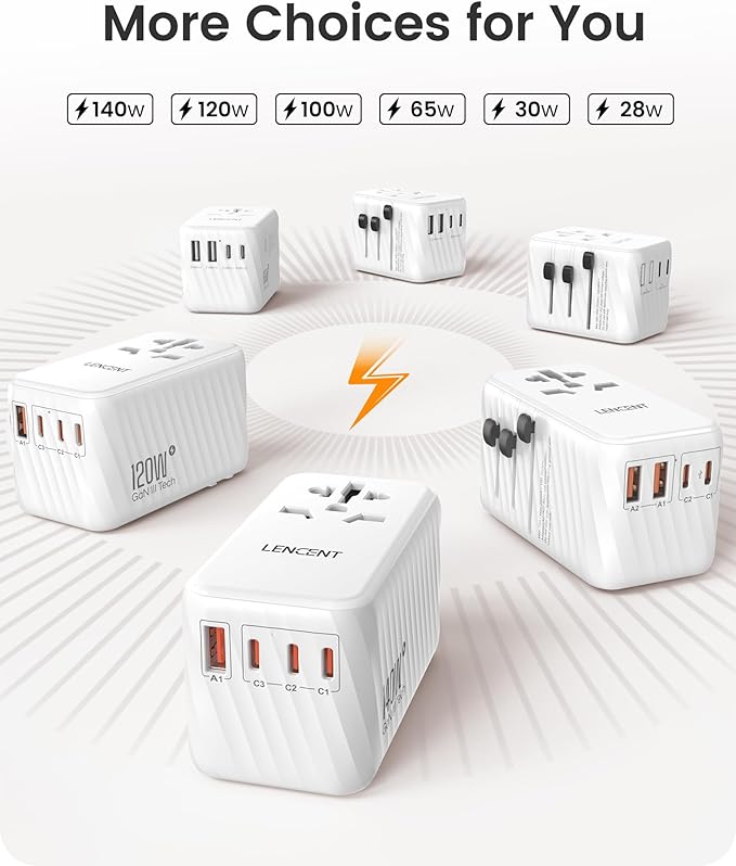 LENCENT Universal Travel Adapter, 65W GaN International Fast Charger with 2 PD3.0 Type C+2 QC USB A, Worldwide Power Adaptor for Phones,Laptops, All in One Travel Essentials for EU/USA/UK/AU, White