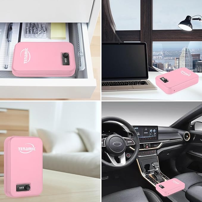 TENAMIC Pistol Safe, Portable Travel Gun Safe, Solid Steel Handgun Lock Box for Home, Gun Safes for Car, Pink