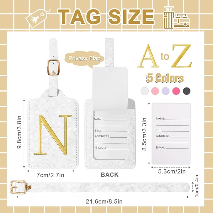 Personalized Initial Luggage Tags for Suitcase TSA Approved, White Leather Cute Luggage Tag with Privacy Cover Name Card, Embroidered Custom Luggage Tags Travel Baggage Tags Gifts for Women Kids(N)