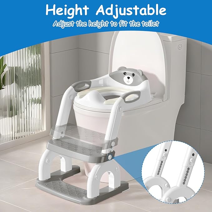 Potty Training Seat for Toddlers - Upgrade 2-in-1 Toilet Seat Toilet Ladder for Kids Children Boys Girls, Anti-Slip Pad & Adjustable Height with Waterproof PVC Cushion - Grey