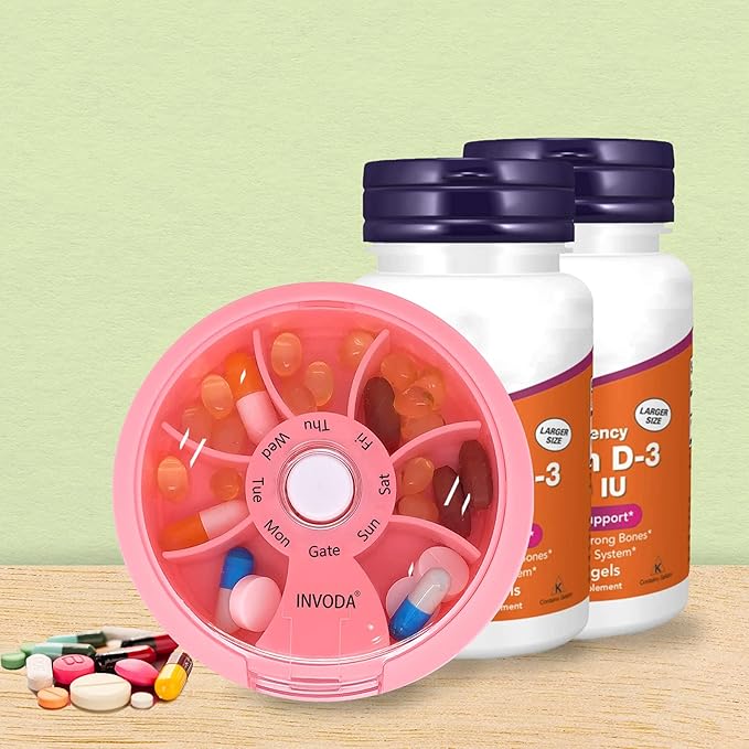 INVODA Weekly Pill Organizer 7 Compartment Rotating Pill Box for Daily Medication & Vitamins - Portable Travel Pill Case Fish Oil Supplements Vitamins Organizer (Pink+Bag)