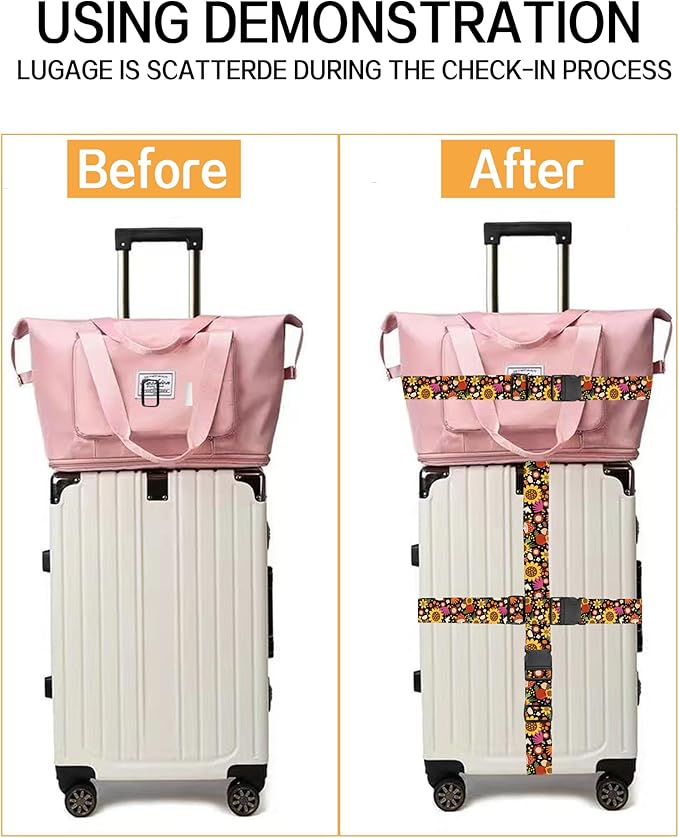 Luggage Straps for Suitcases, Adjustable Travel Belt, Durable Wide Luggage Strap, Cute Suitcase Strap Identifiers with Buckle, Bag Straps for Luggage, Cute Boho Mushrooms
