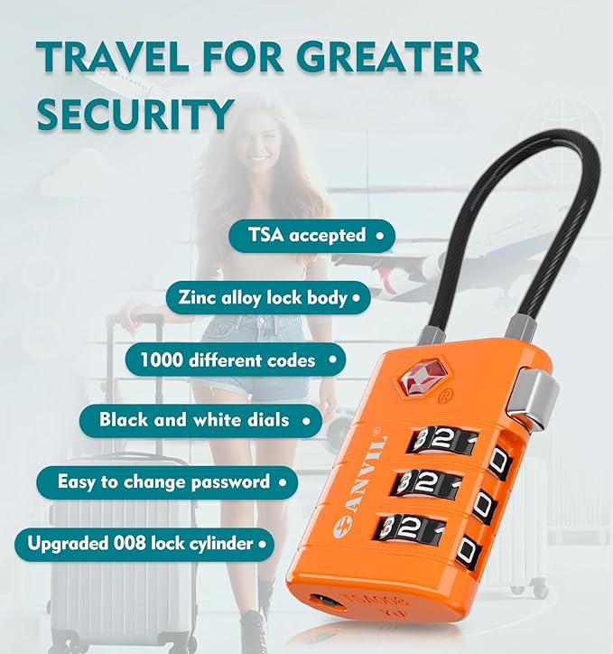 ANVIL TSA Approved Luggage Locks – High Security TSA008 Combination Travel Locks with Inspection Indicator for Suitcases and Backpacks. (3, Orange)