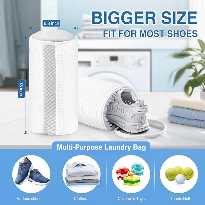 Shoe Washing Machine Bag 2PCS, Reusable Durable Invisible Zipper Laundry Bags for Shoes, Shoe Wash Bag for Washer and Dryer, Sneaker Tennis Shoe Cleaning Bag for All Shoe Types, White