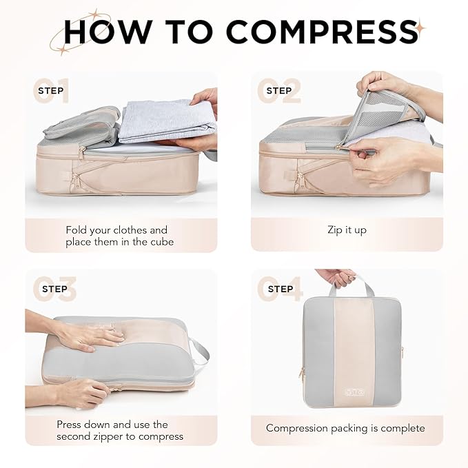8 Set Compression Packing Cubes for Travel Essentials,Compressible Expandable Packing Cubes for Suitcase,OlarHike Luggage Organizer Bags for Travel,Handy Helper for Organizing Clothes(Beige)
