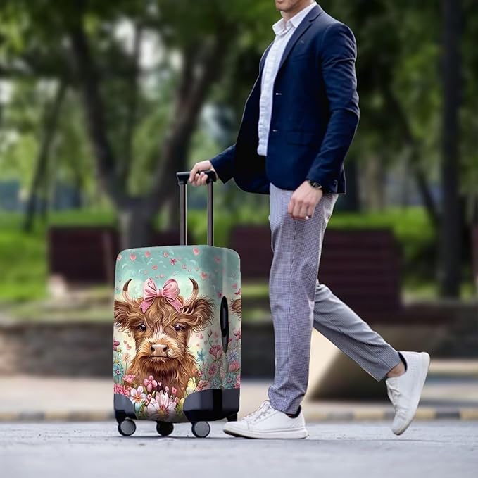 Highland Cow Suitcase Cover Flower Suitcase Protector Fits 30-32 Inch Luggage(Size XL) Anti-Scratch Washable Spandex Luggage Cover Stretchable Suitcase Covers with Zipper