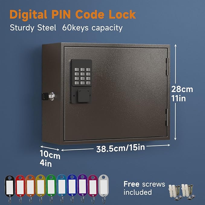 WeHere Smart Key Lock Box, Wall Mounted Key Cabinet with 60 Key Tags, Bluetooth App Control, OTP & Password Unlock, Wi-Fi Remote Unlock (Bridge Required), Steel Key Safe for Office Home Business