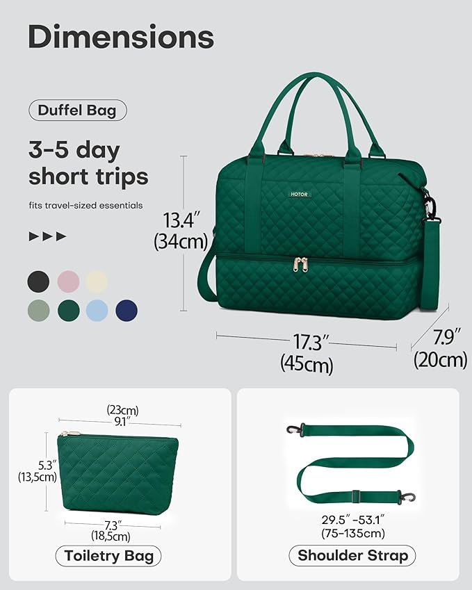 HOTOR Travel Duffel Bag - Weekender Bags for Women, Carry On Overnight Bag with Shoe Compartment, with Toiletry Bag for Travel Essentials and Travel Accessories, Dark Green, 13.4"×17.3"×7.9"