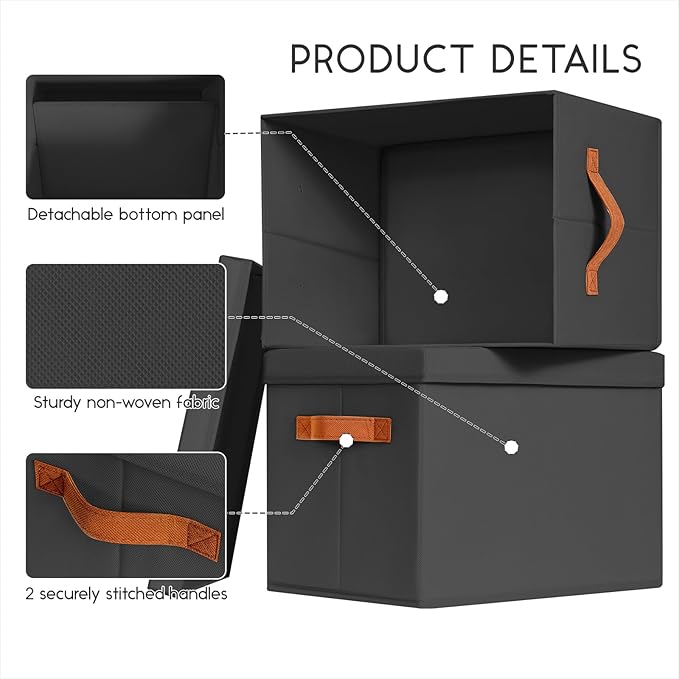 Storage Bins with Lids - Fabric Storage Baskets for Shelves, 6 Pack Foldable Decorative Boxes with Handles, Stackable Organizer Bins for Home, Nursery, Dorm, Black