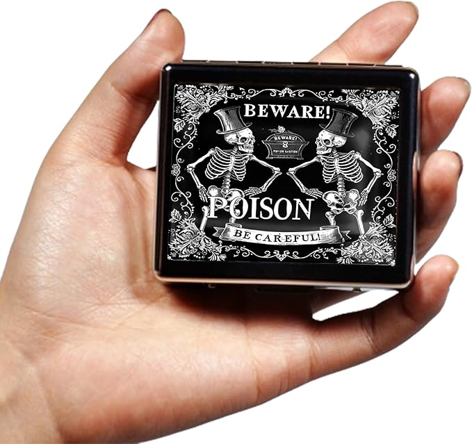 Cute and Portable Metal Pill Organizer – 8 Compartments, Elegant Chrome Finish, Ideal for Travel and Daily Use (Beware Poison Skeletons)