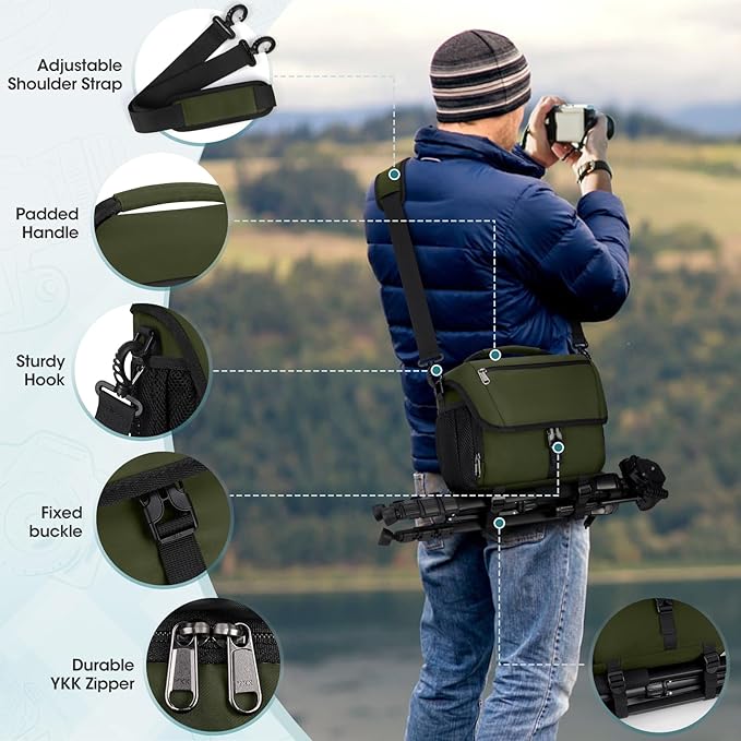 RAINSMORE Camera Bag, DSLR/SLR/Mirrorless Camera Case with Tripod Holder Waterproof Camera Sling Bag Crossbody Camera Bags for Photographers with Rain Cover for Canon/Nikon/Sony/Fuji, Green