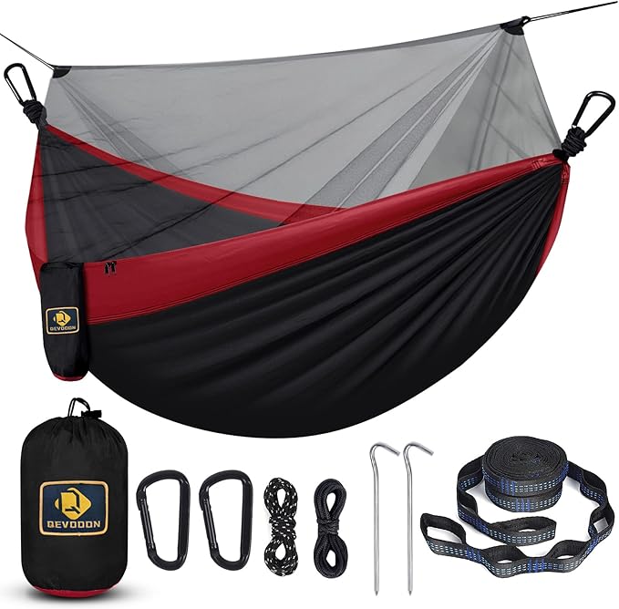Camping Hammock with Net,Travel Portable Lightweight Hammocks with Tree Straps and Solid D-Shape Carabiners,Parachute Nylon Hammock for Outsides Backpacking Beach Backyard Patio Hiking