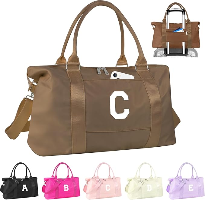Birthday Graduation Gifts for Daughter,Initial Travel Duffel Bag Sports Gym Bag for Girls Teen Kids Birthday Gifts,Personalized Weekender Bag Carry On Tote Bags Cute Overnight Bag for Women(Brown, C)