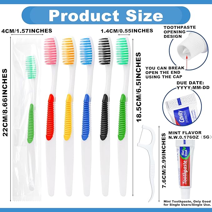 Disposable Toothbrushes with Toothpaste and Floss,10pcs Single Use Individually Wrapped Disposable Travel Toothbrushes and Dental Floss Kit Bulk for Homeless,Airbnb,Dentist,Hotel(5 Colors)