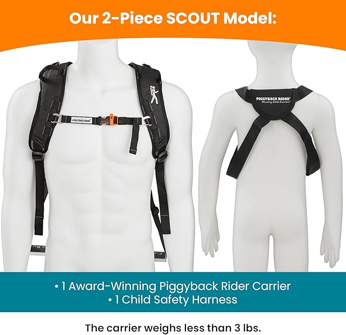 Piggyback Rider - Scout Standing Child Carrier Backpack for Events & Travel - Complete Parent & Child Set with Secure Safety Harness for Ages 2-4, Toddler Carrier Up to 50lbs