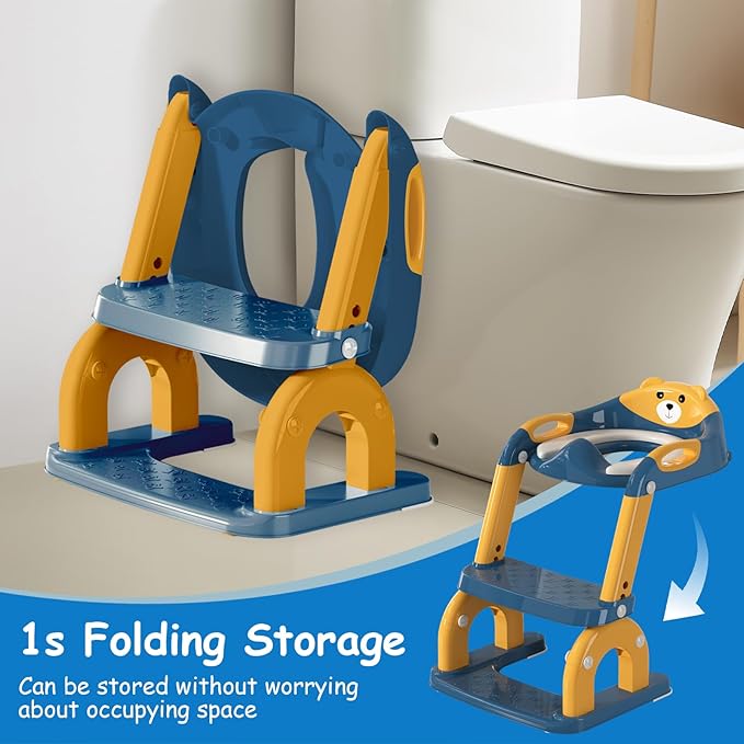Potty Training Seat for Toddlers - Upgrade 2-in-1 Toilet Seat Toilet Ladder for Kids Children Boys Girls, Anti-Slip Pad & Adjustable Height with Waterproof PVC Cushion - Dark Blue