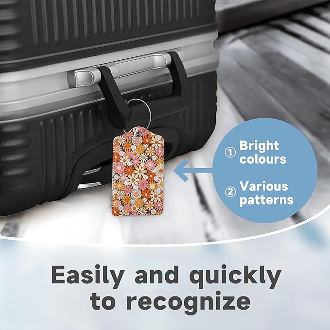2 Pack Luggage Tag for Suitcase,Vintage Groovy Flowers Leather Suitcase Tags Identifiers with Privacy Name Address Labels and Durable Steel Loop for Women Men Travel