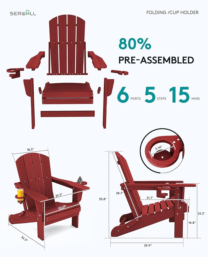 SERWALL Adirondack Chair with Cup Holders - Composite Adirondack Chairs Set of 8 HDPE Outdoor Chairs All Weather Use- Dark Red