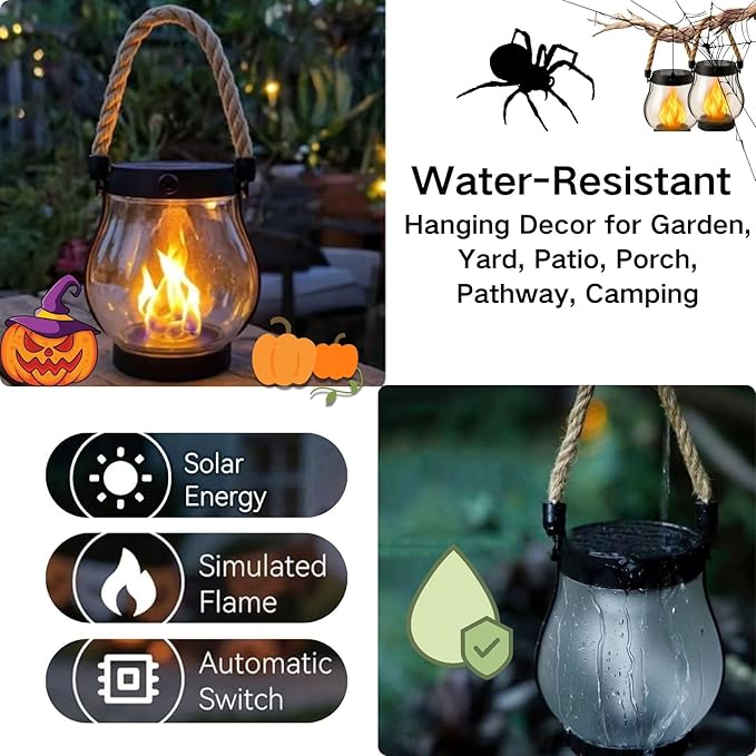 Solar Lantern Outdoor Lights, Flickering LED with Hemp Rope Handle, Dual Charging (Solar & USB), Water-Resistant Hanging Decor for Garden, Yard, Patio, Porch, Pathway, Camping (4)