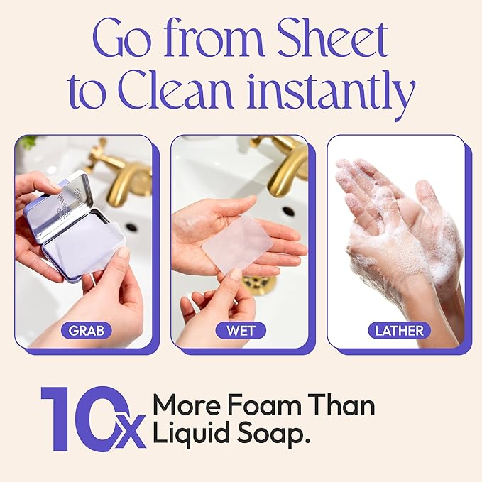 FOMIN - Antibacterial Paper Soap Sheets Tin for Traveling - (100 Sheets) Lavender Portable Travel Hand Soap Sheet, Dissolvable Mini Camping Hand Soap for Hand Washing