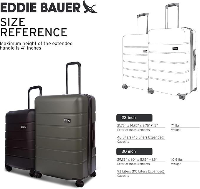Eddie Bauer Glacier Carry-On 22" and Checked 30" Luggage | Hardside | Spinner Wheels | Expandable | Lightweight | Travel Essentials - Carbon Grey