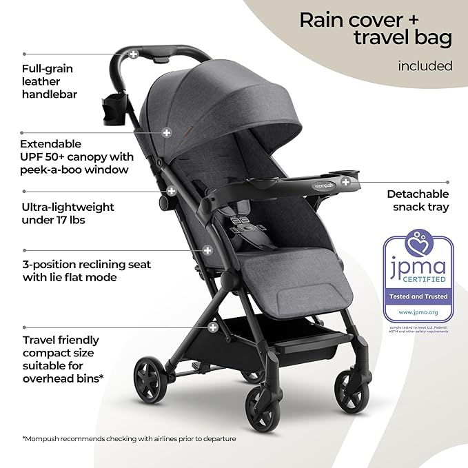 Mompush Lithe V2 Lightweight Travel Stroller, Compact Foldable Baby Stroller with Travel Bag, One-Hand Fold Stroller, Snack Tray, Mechanical Recline Seat, Airplane-Ready, UPF 50+ Canopy & Rain Cover