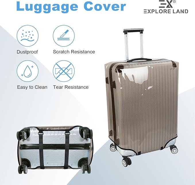 Explore Land Clear Luggage Cover Tough Protector Fits for 18-20 Inches Suitcase for Travel Airplane (PVC Gray, S)