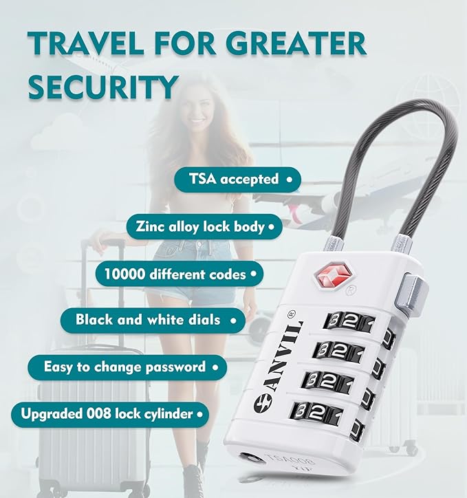 ANVIL 4 Digit Luggage Locks, TSA Locks for Luggage, Advanced TSA008 core, Alert Indicator for Your Travel Lock, Suitcase Lock.(4, White)