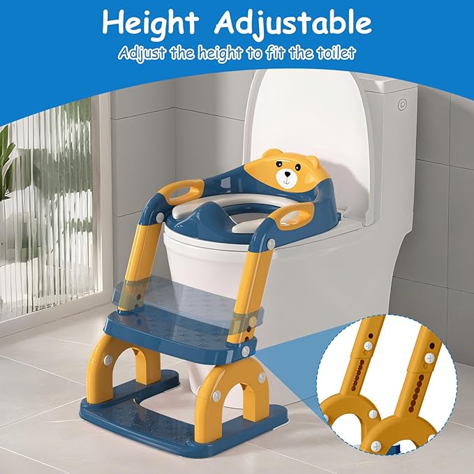 Potty Training Seat for Toddlers - Upgrade 2-in-1 Toilet Seat Toilet Ladder for Kids Children Boys Girls, Anti-Slip Pad & Adjustable Height with Waterproof PVC Cushion - Dark Blue
