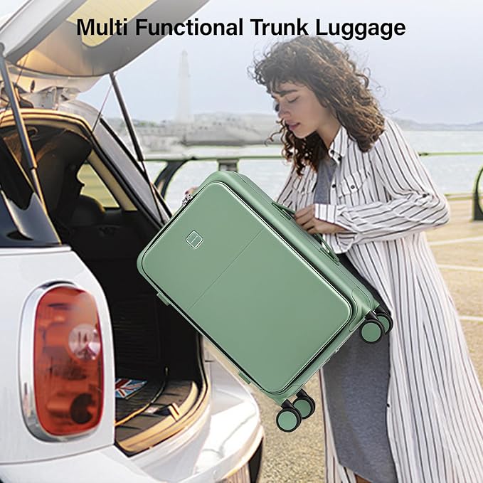 Hanke 24 Inch Luggage with Cup Holder and Charge,Top Opening Hard Shell Suitcases with Wheels and Dividers,Aluminum Frame Trunk Luggage Medium Checked Suitcase with Lock for Travel,Forest Green