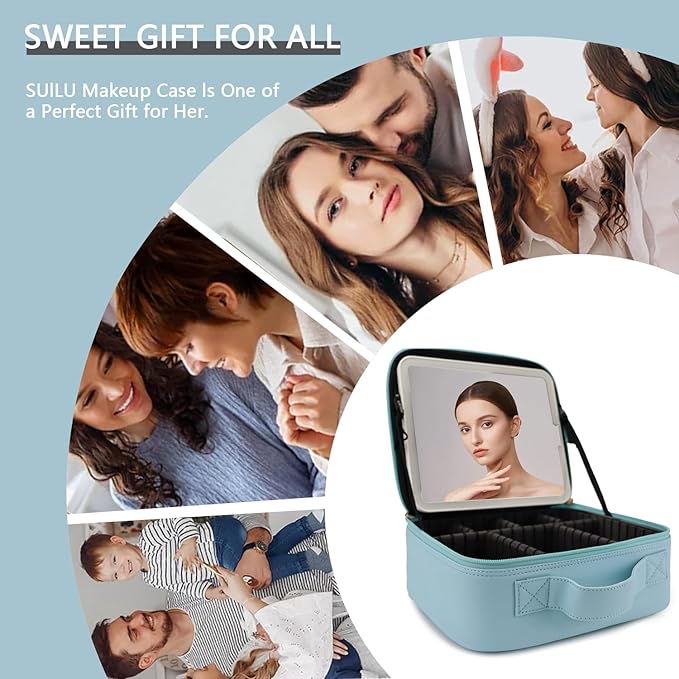 Makeup Bag with Led Mirror,Travel Makeup Organizer with 3 Color Setting, Portable Storage and Adjustable Dividers Travel Makeup Bag(baby blue)
