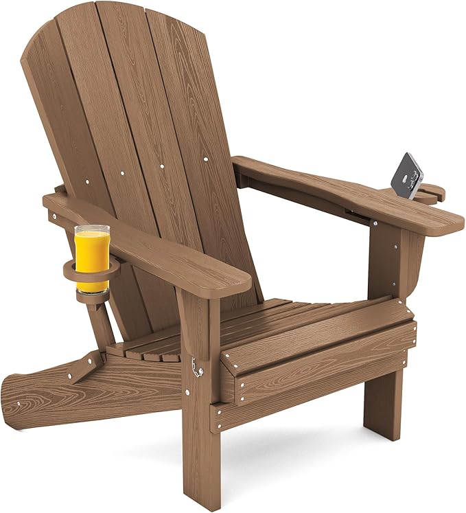 SERWALL Adirondack Chair with Cup Holders - Composite Adirondack Chairs HDPE Outdoor Chairs All Weather Use- Brown