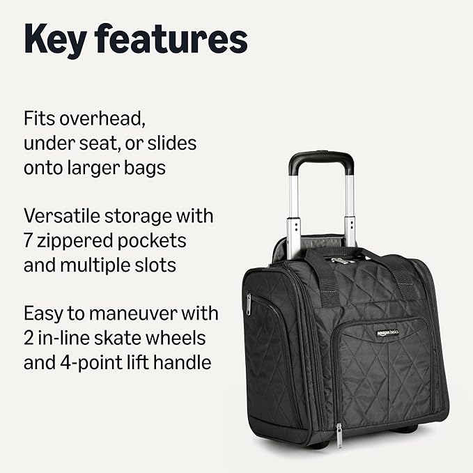 Amazon Basics Underseat Carry On Luggage with Wheels - 14" Rolling Travel Bag, Black Quilted
