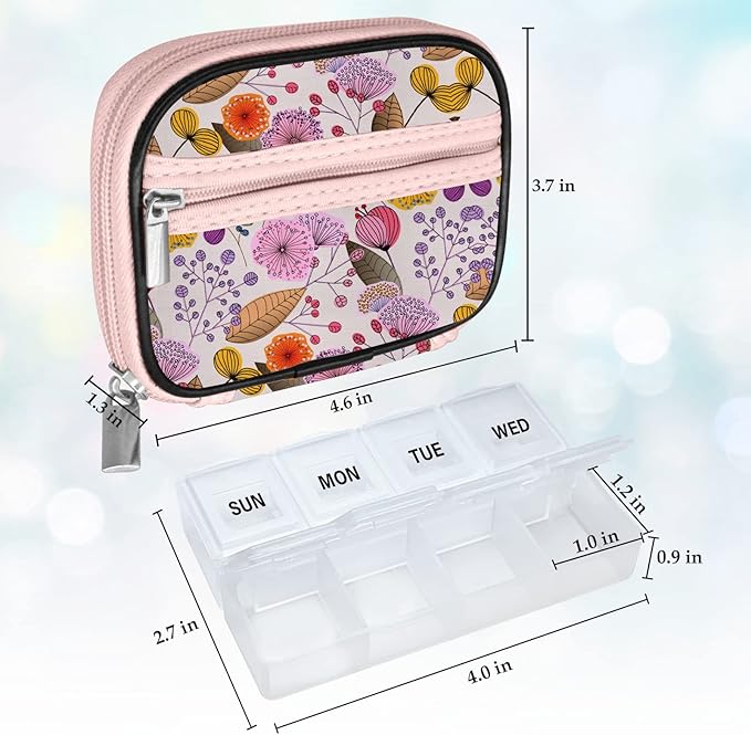Serfeymi Weekly Travel Pill Organizer Pill Case for Purse with Removable 7 Day Pill Box, Fashionable Travel Medicine Organizer Pill Container for Medicine, Vitamin, Supplement - Bloom 03 + Pill Box