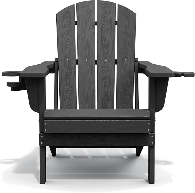 SERWALL Foldable Adirondack Chair, HDPE Adirondack Chair with Wood-Texture-Gray