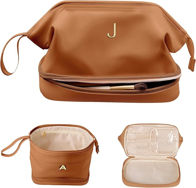 Cute Female Gift, Personalized Makeup Bag, Monogrammed Gifts, Initial Double Layer Cosmetic Bag with Makeup Brush Organizer, Travel Toiletry Bag, Gifts for Friends Female Mom, Teen Girl Gifts
