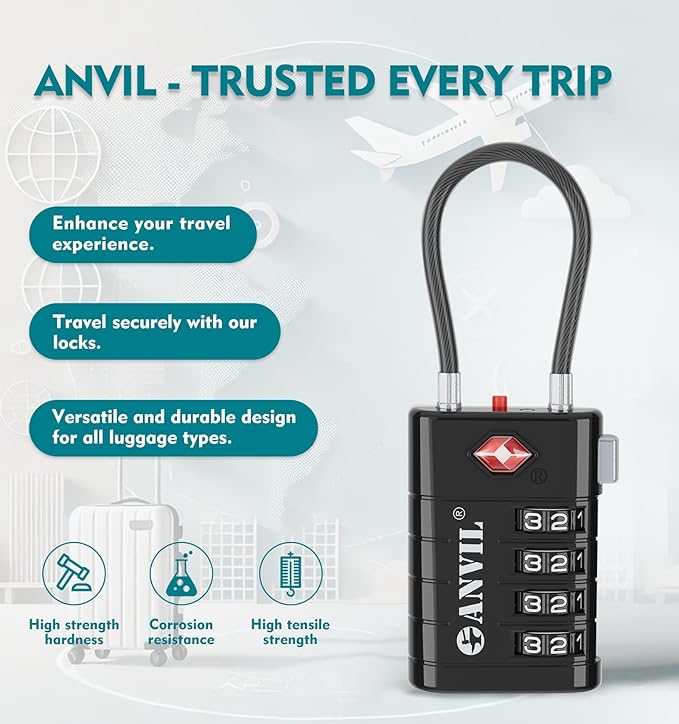 ANVIL 4 Digit Luggage Locks, TSA Locks for Luggage, Advanced TSA008 core, Alert Indicator for Your Travel Lock, Suitcase Lock. (4, Black)