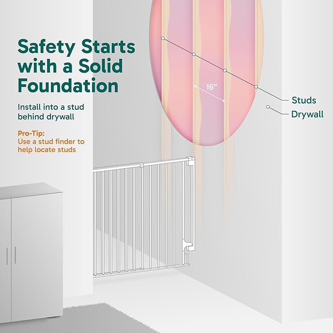 Cumbor 34" Extra Tall Baby Gate for Stairs, Wall-Mounted (Drill Required), Expandable 31.6-48" No Bottom Bar Dog Gate Indoor for Larger Pets, Large Walk Thru Door for Easy Access (White)