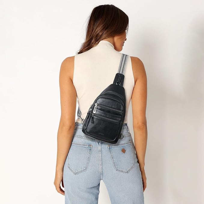 Sling Bag for Women Cross Body Bags Fanny Packs Shoulder Bag Sling Backpack Vegan Leather Trendy Travel Purses Black