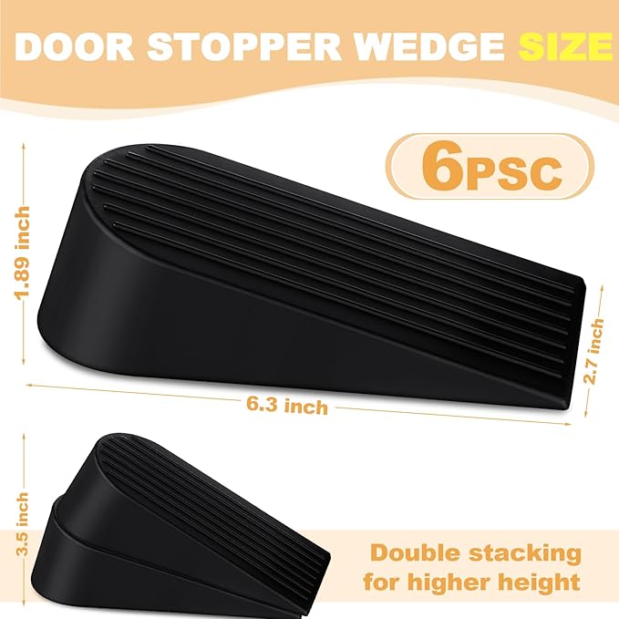 Frienda 6 Pack Large Door Stoppers Heavy Duty Rubber Stopper for Bottom of Door Wedge Stopper for Home Office (Black)