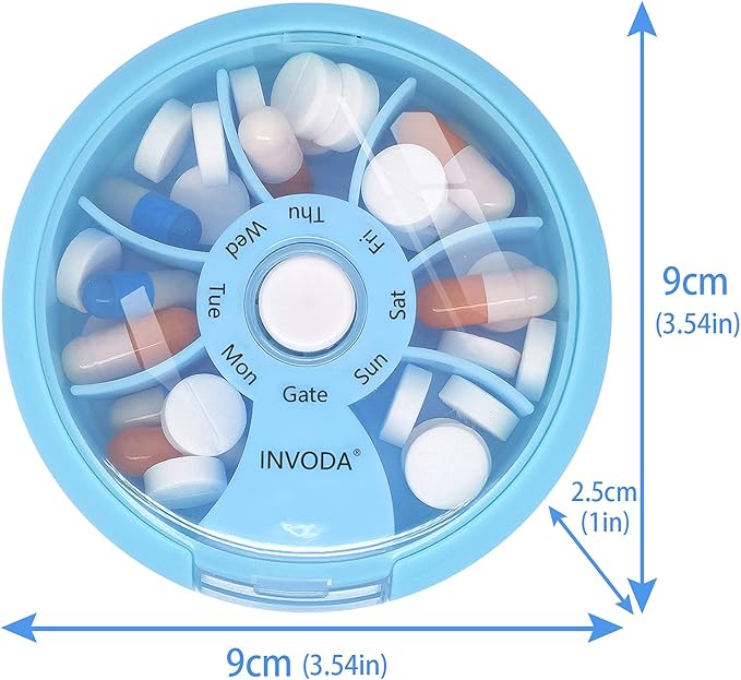 INVODA Weekly Pill Organizer 7 Compartment Rotating Pill Box for Daily Medication & Vitamins - Portable Travel Pill Case Fish Oil Supplements Vitamins Organizer (Blue+Bag)