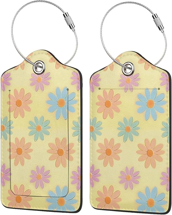 Flowers Leather Luggage Tag with Stainless Steel Ring, Fun Name Id Card Cover Travel Bag Tag Set, Suitable for Travel Bag Luggage Women Men 1 PCS