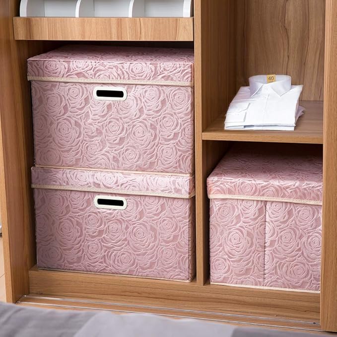Prandom Larger Foldable Storage Boxes with Lid,Rose Pattern Fabric Decorative Storage Box,Cubes Organizers,Baskets with Handles,For Bedroom,Closet, Living Room,Pink,45x30x30cm[3-Pack]